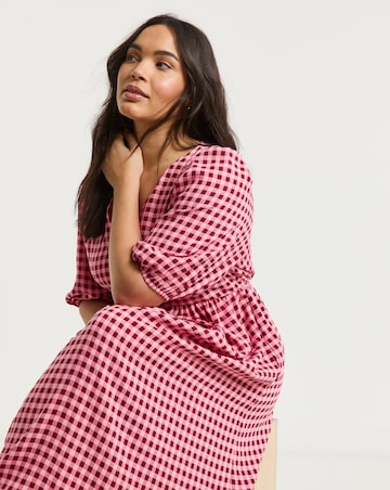 Pink Gingham Button Through Midi Dress With Pockets
