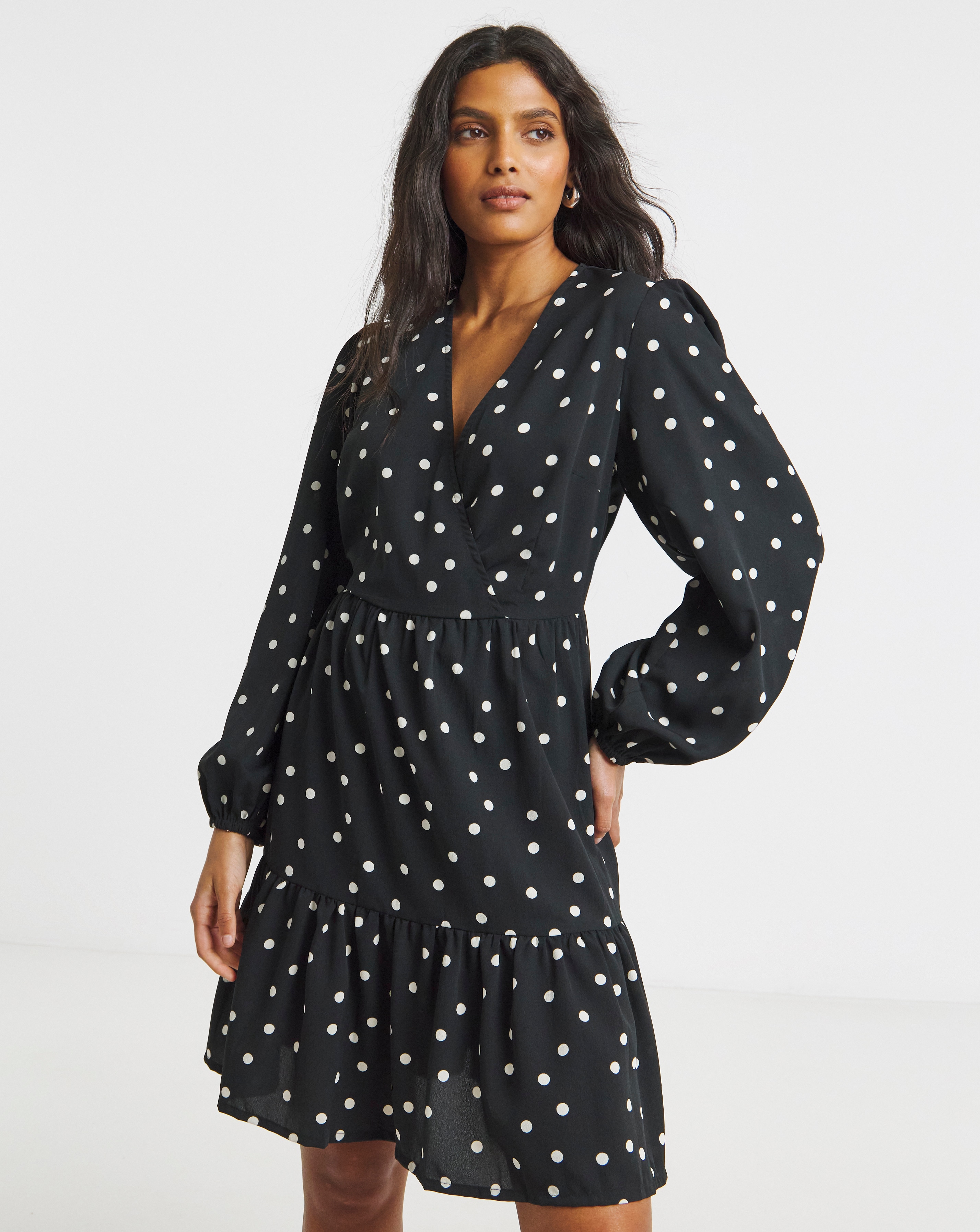 Spot Print Wrap Smock Dress