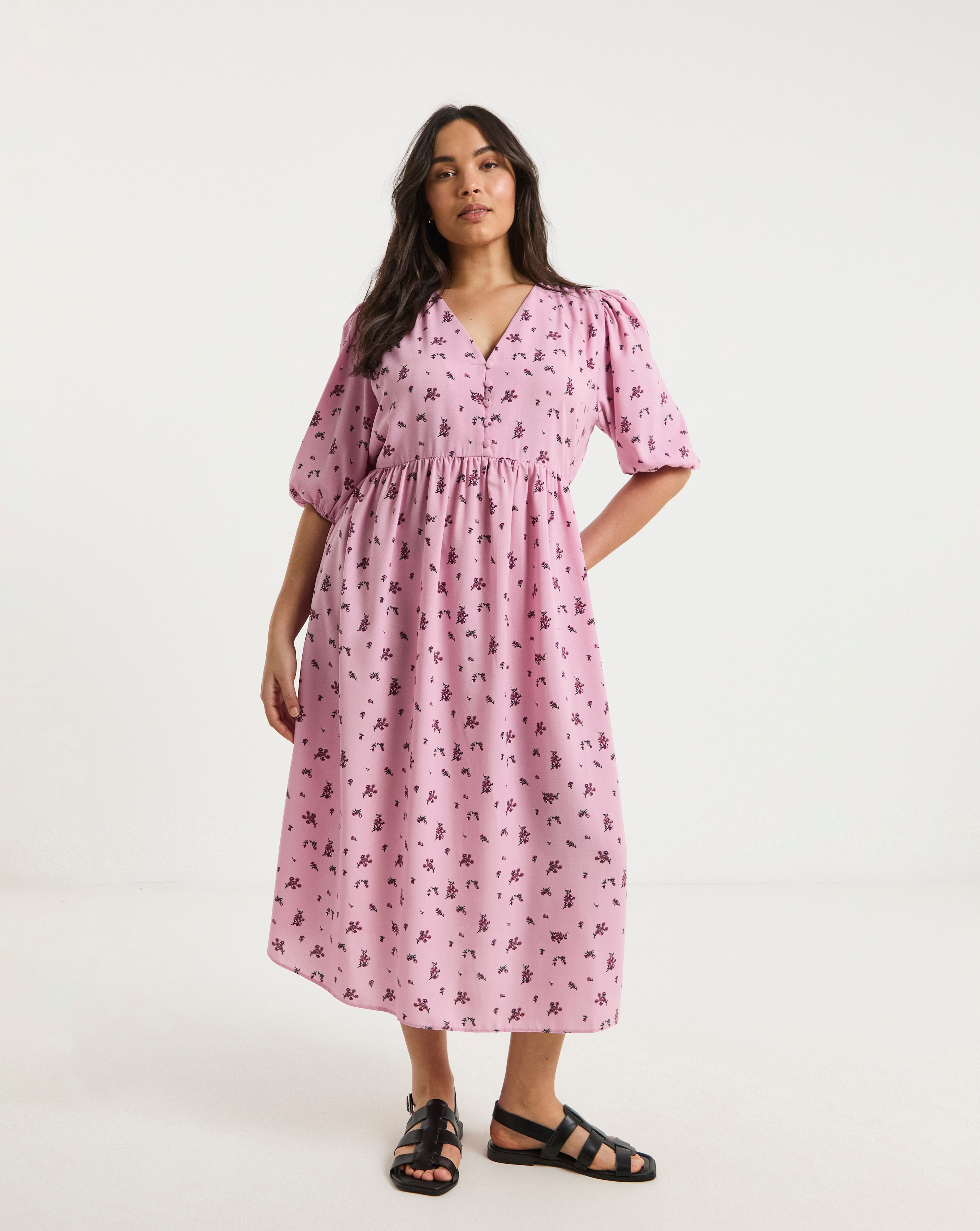 Pink Print Button Through Midi Dress