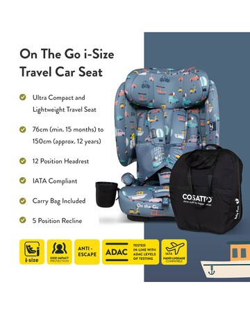 Cosatto On The Go i-Size Foldable Travel Car & Booster Seat - Itchy Feet Sky