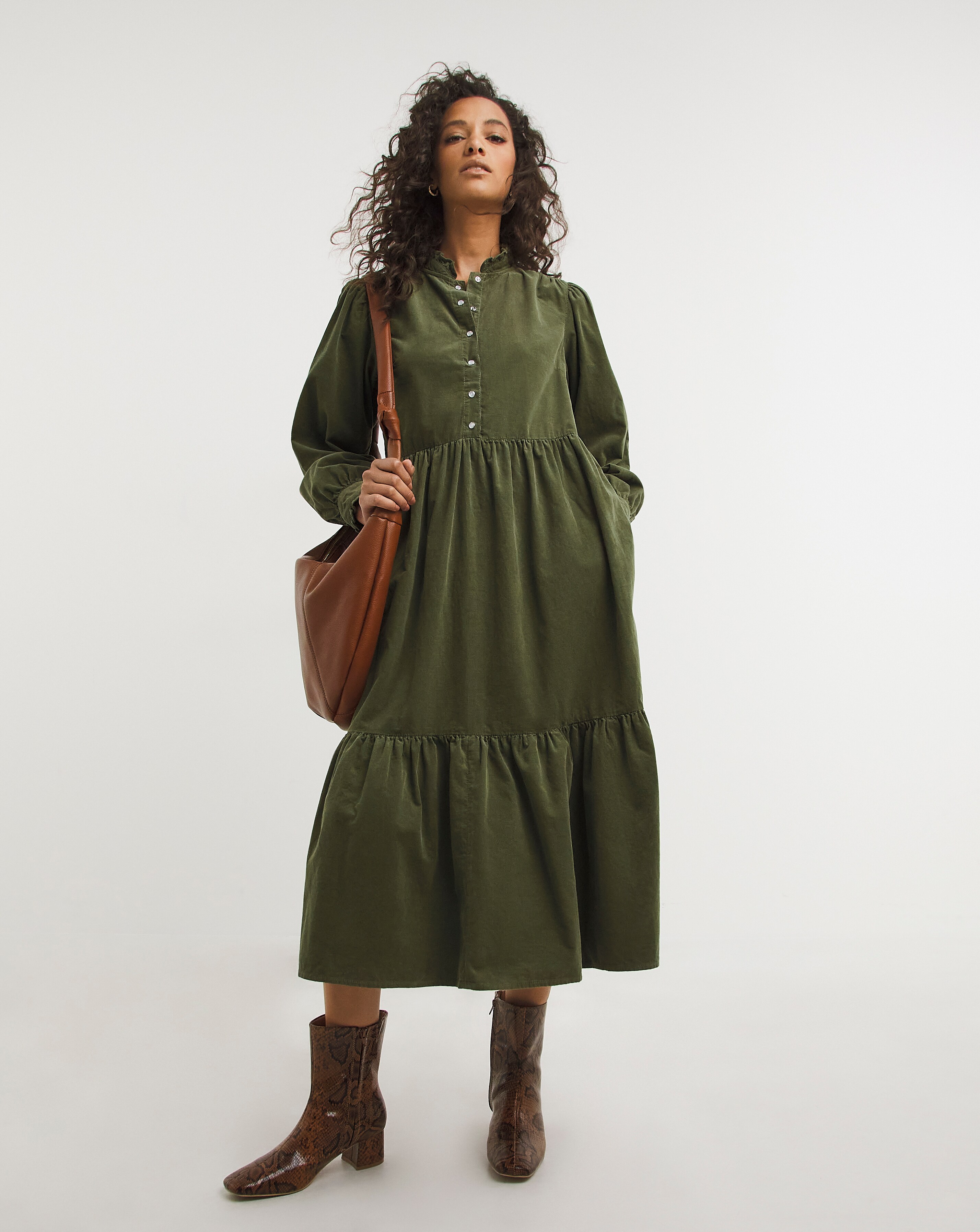 Khaki Tiered Long Sleeve Smock Dress 