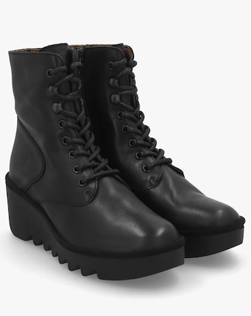 Fly London Birr Black Leather Lace Up Wedge Ankle Boots Standard Width