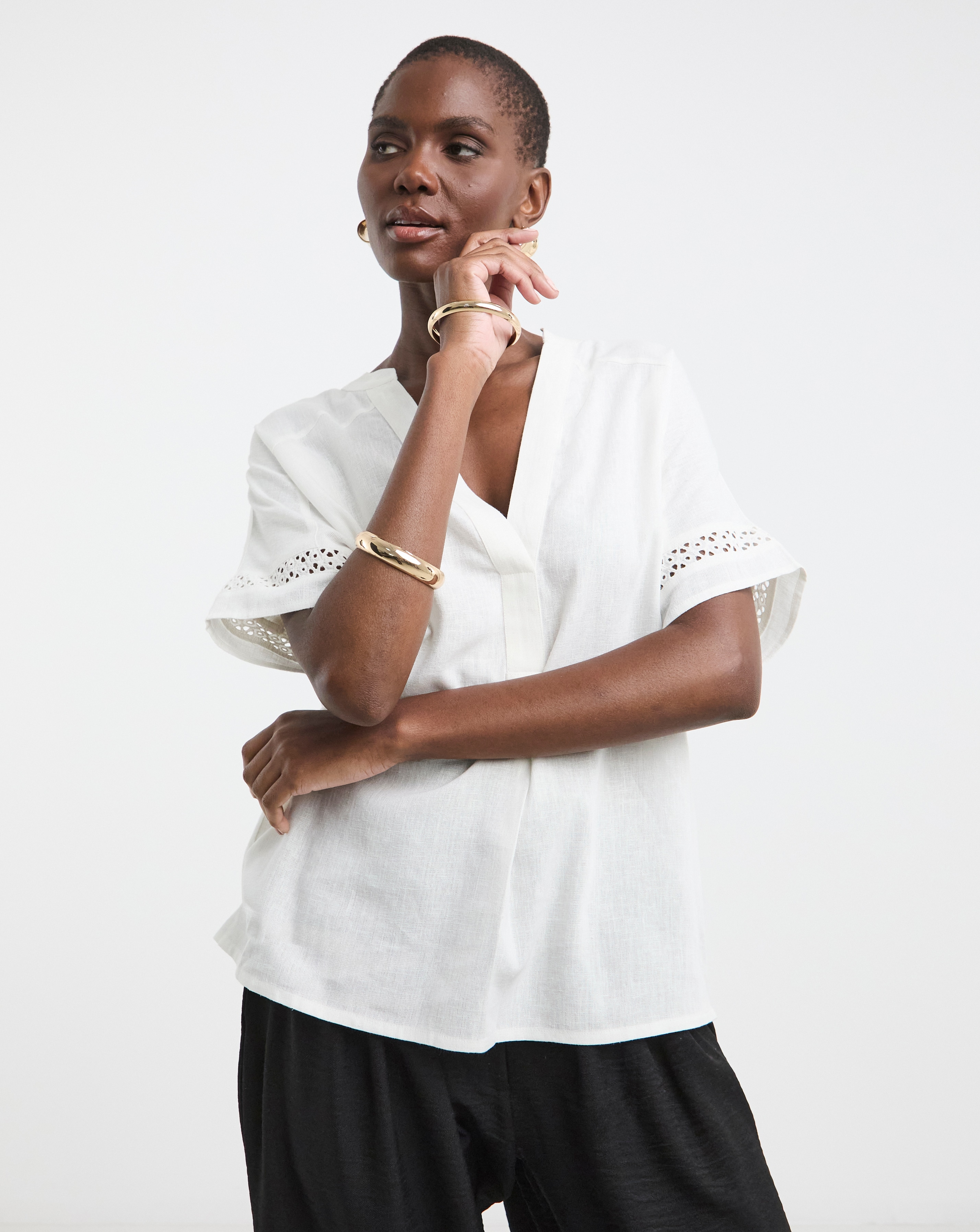 Crochet Trim Linen Mix Tunic Top