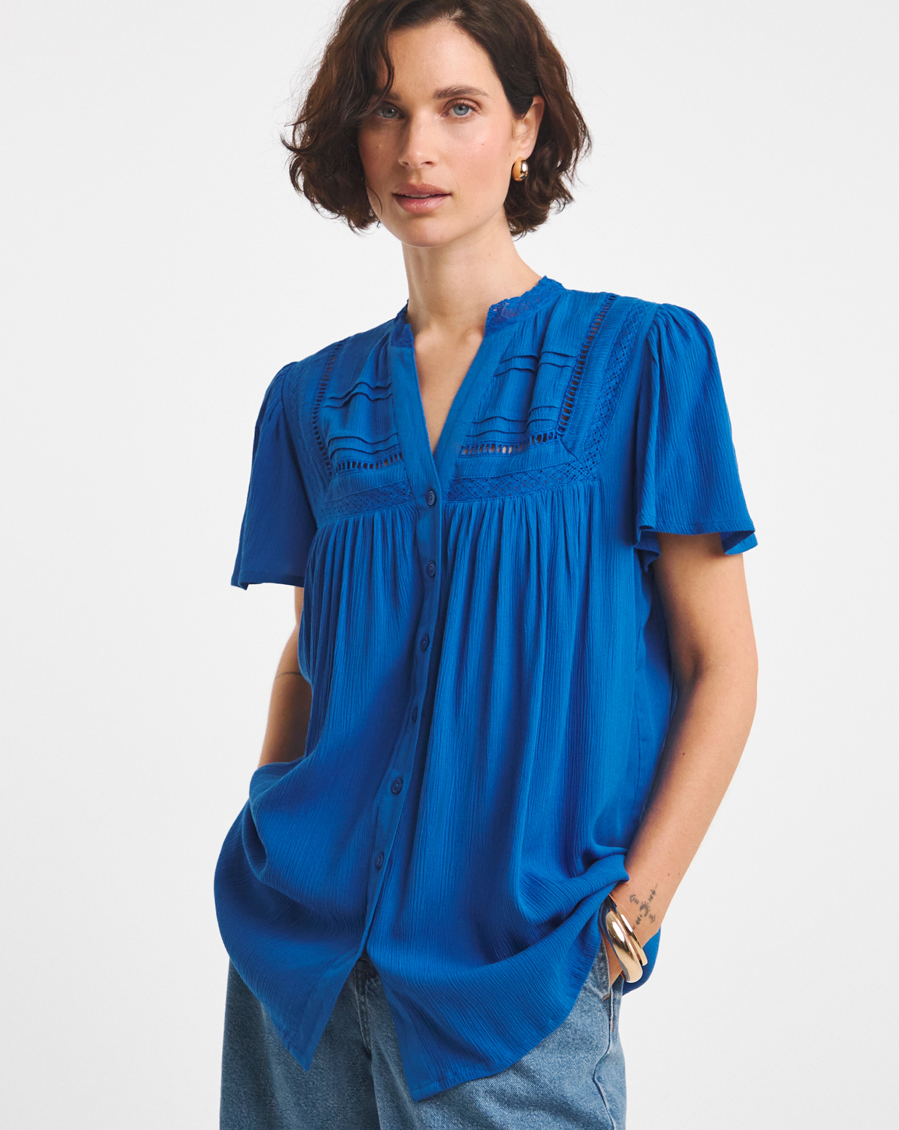 Textured Crinkle Ladder Insert Blouse