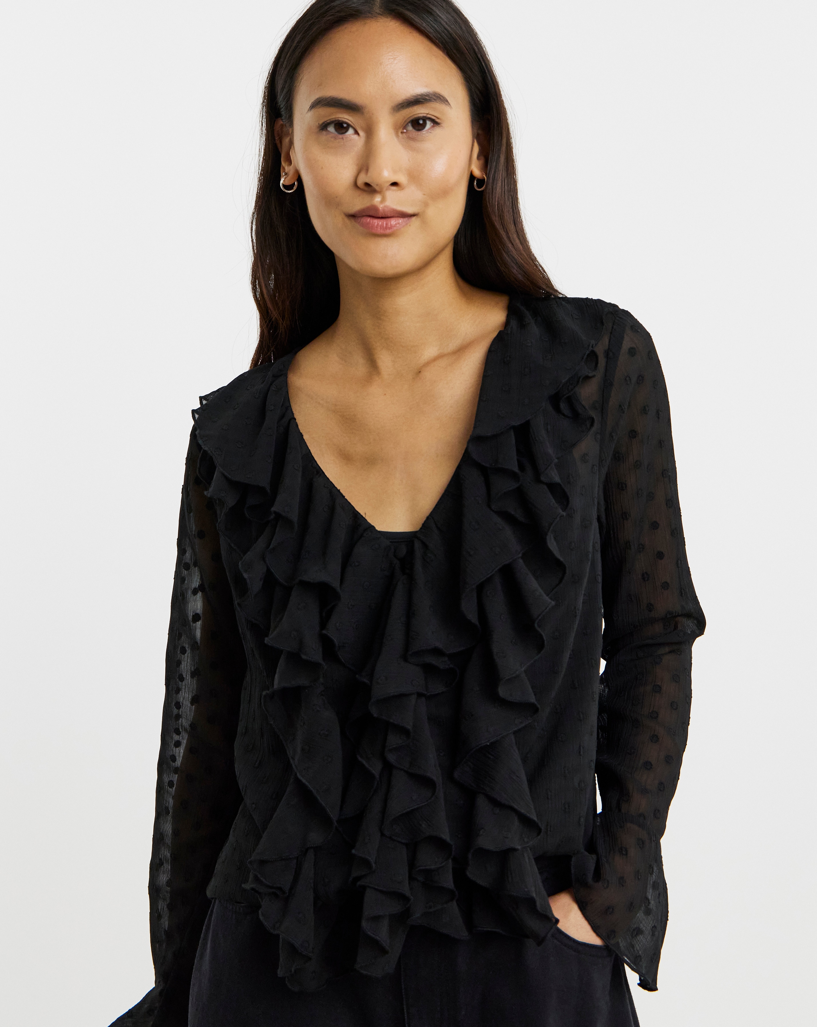 Dobby Ruffle Front Blouse