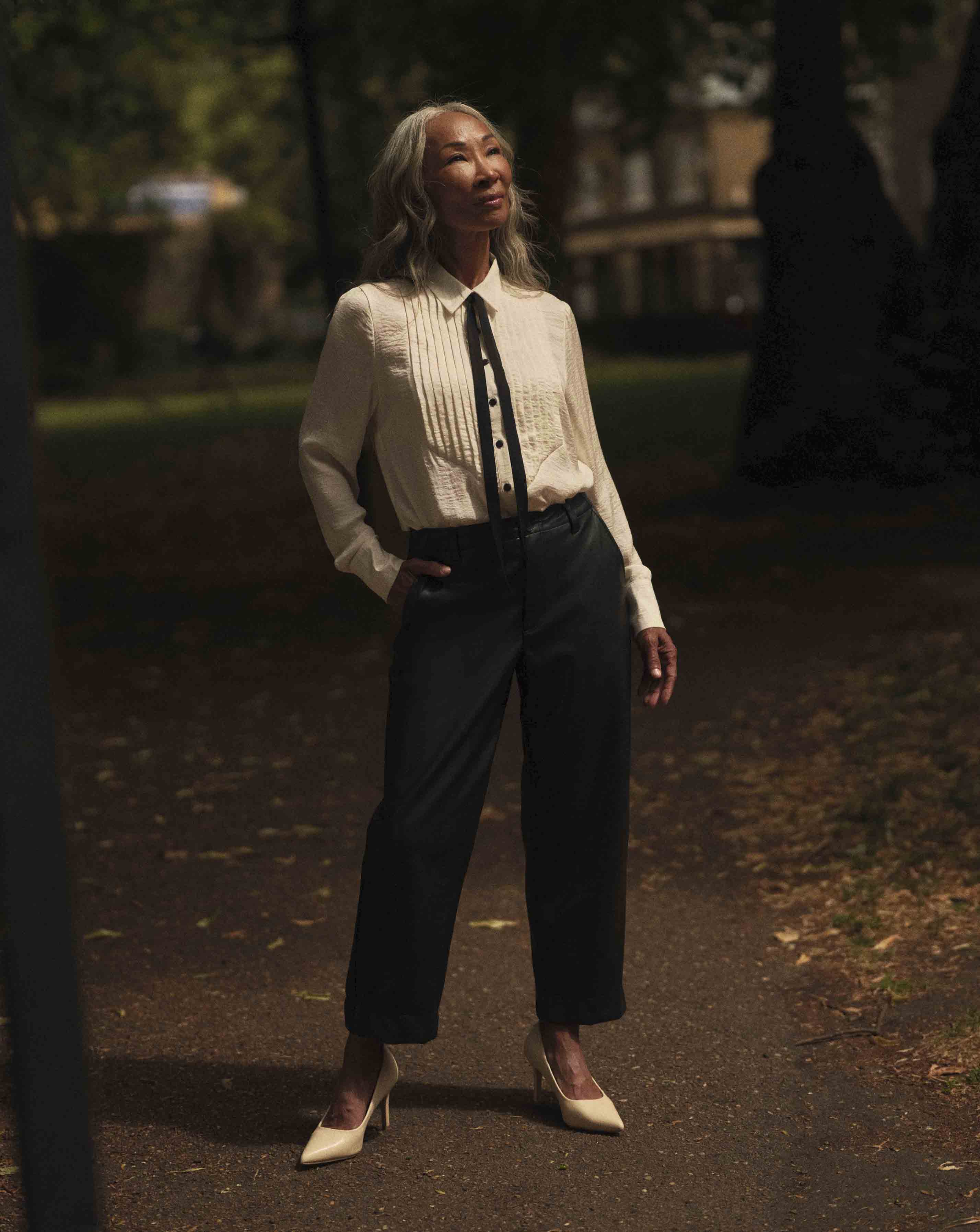 Contrast Tie Hammered Satin Tux Shirt