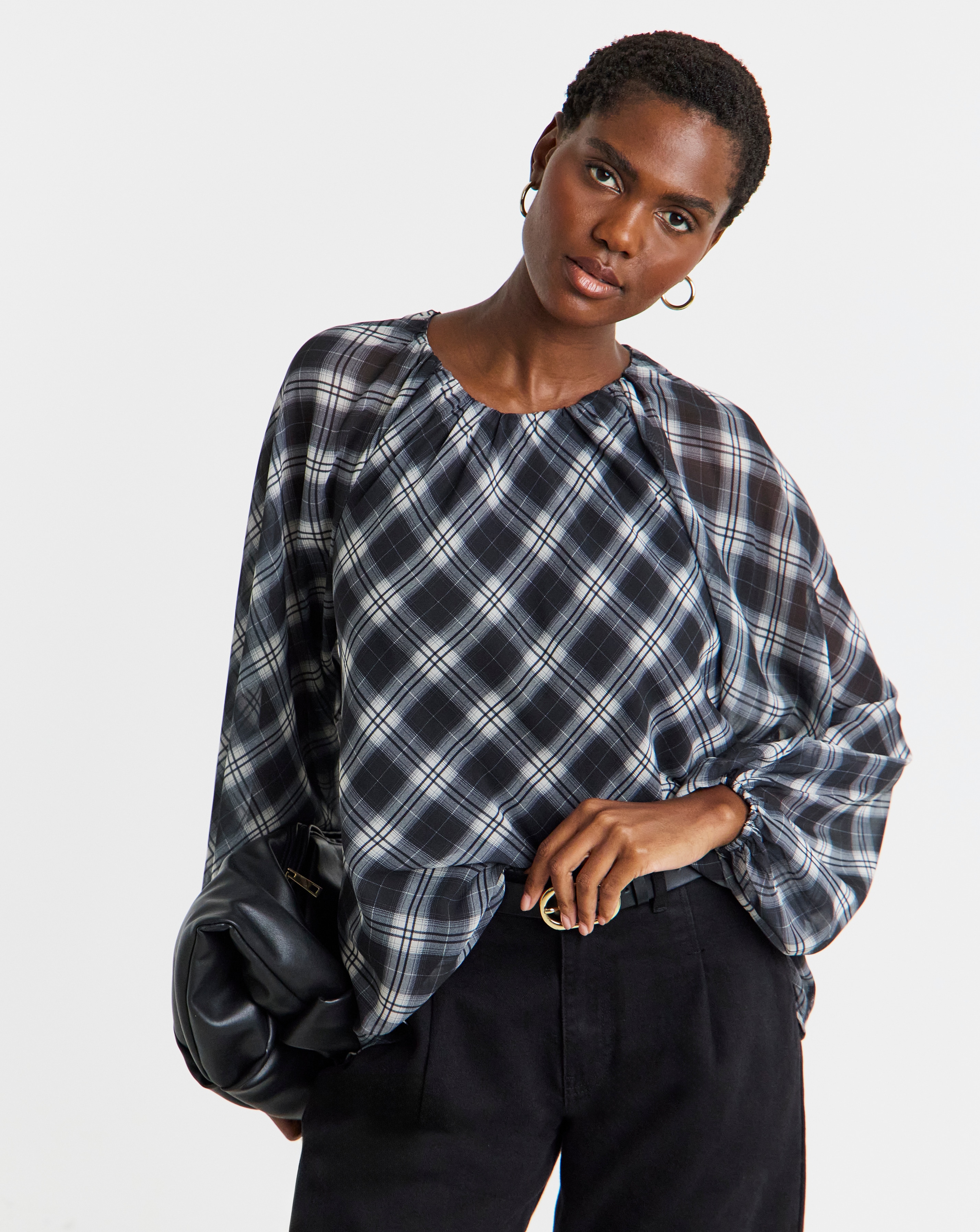 New In - Check Volume Sleeve Blouse