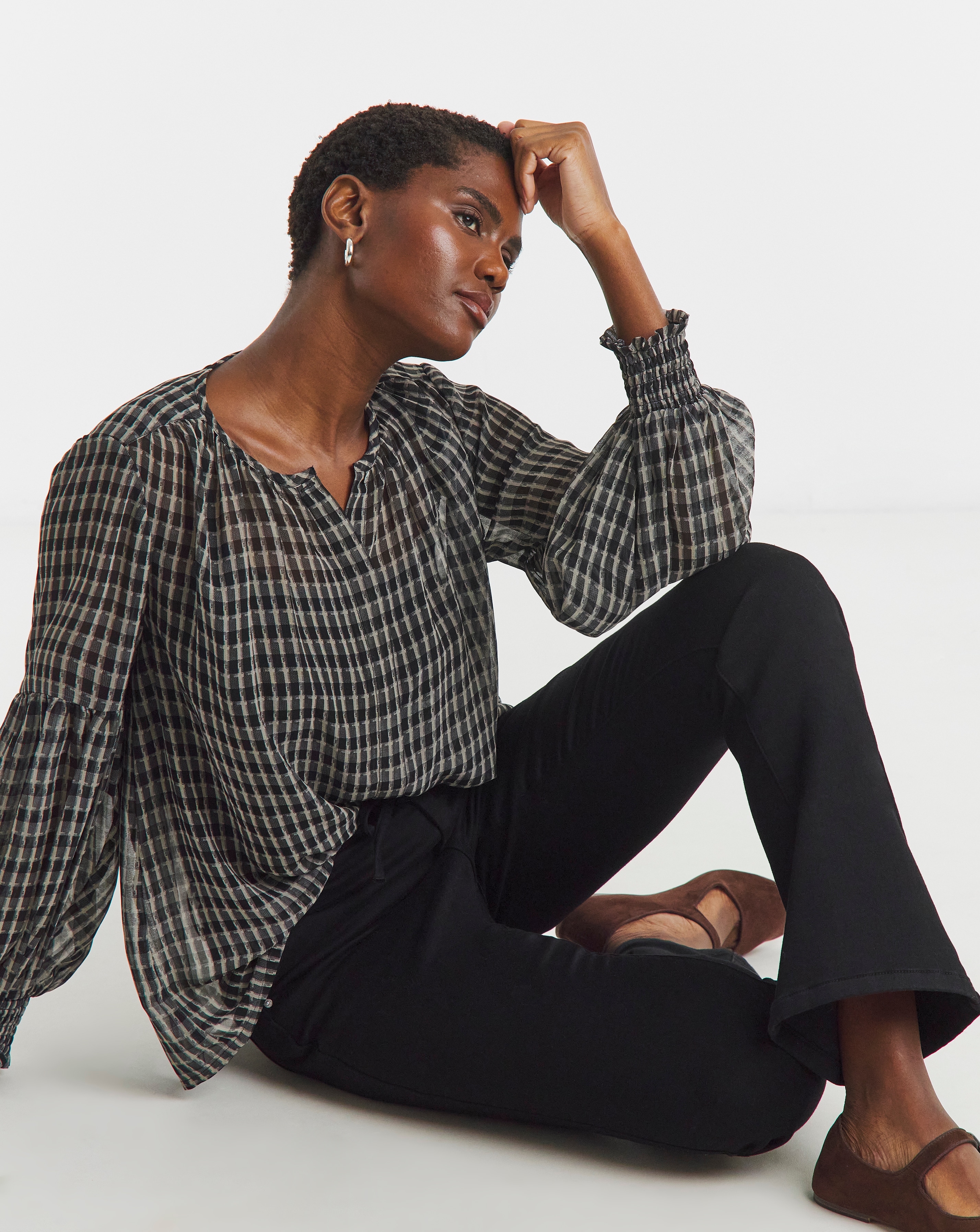 New In - Collarless Blouson Sleeve Blouse