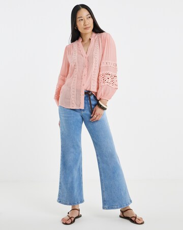 Lace Trim Button Through Prairie Blouse