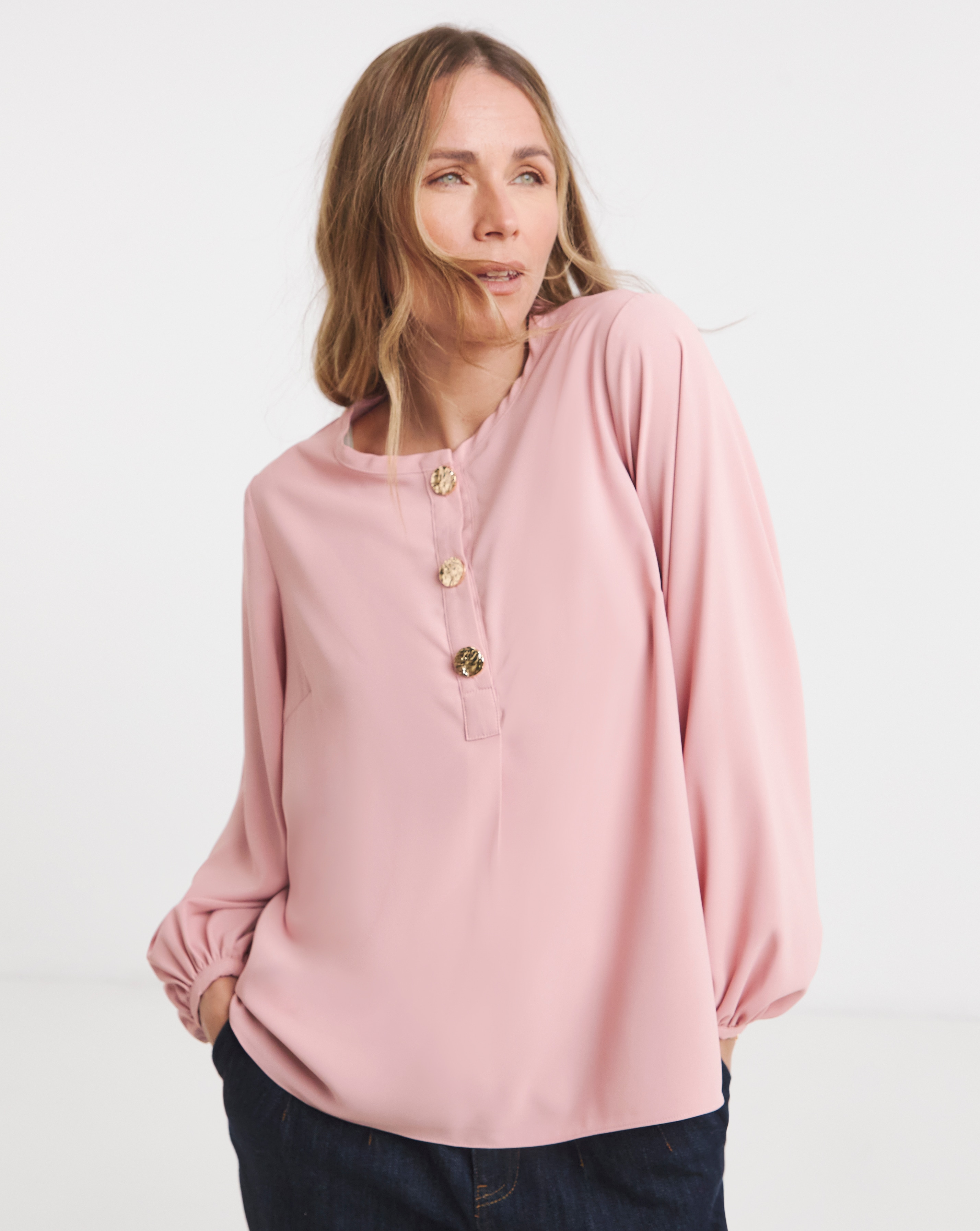 Button Detail Volume Sleeve Blouse