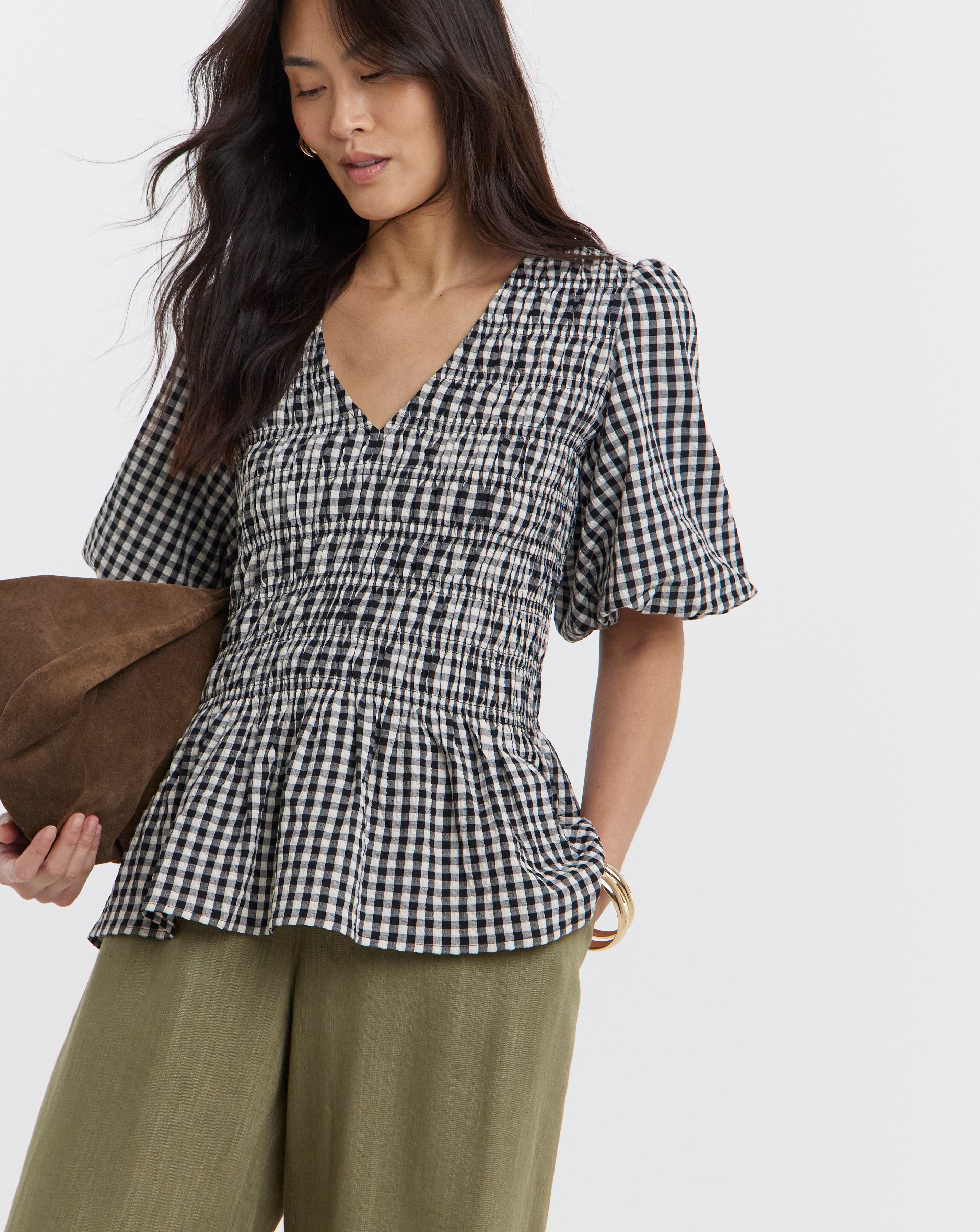 New In - Shirred Gingham Blouse