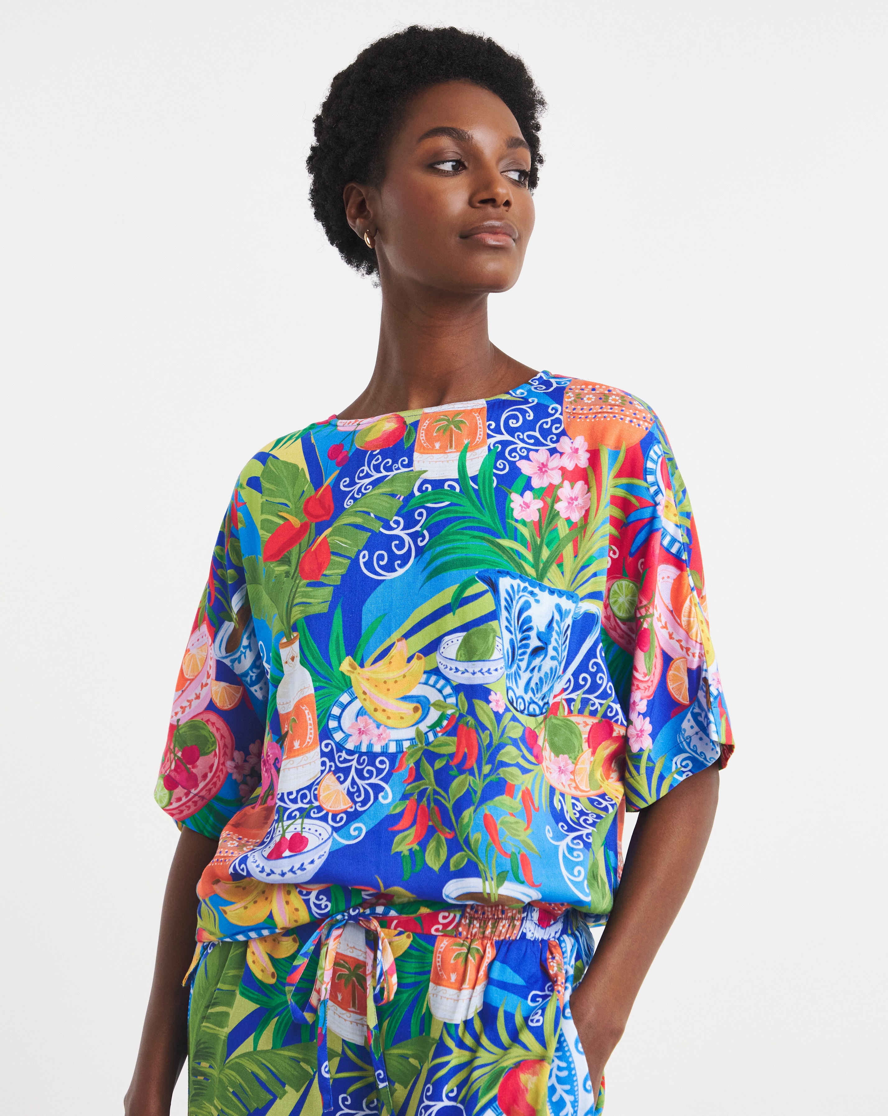 Linen Mix Multi Print Boxy Top