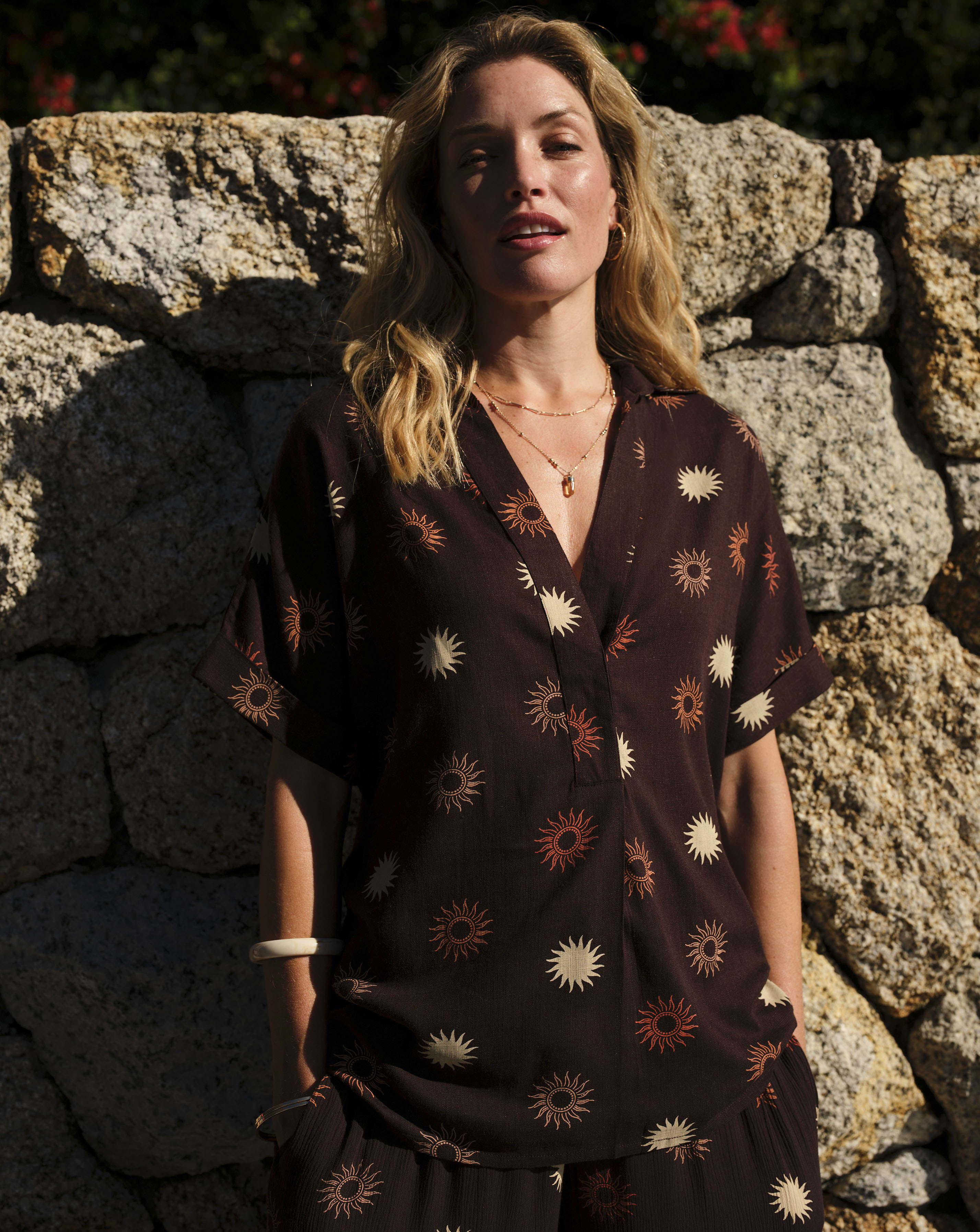 New In - Printed Linen Mix Collared Tunic