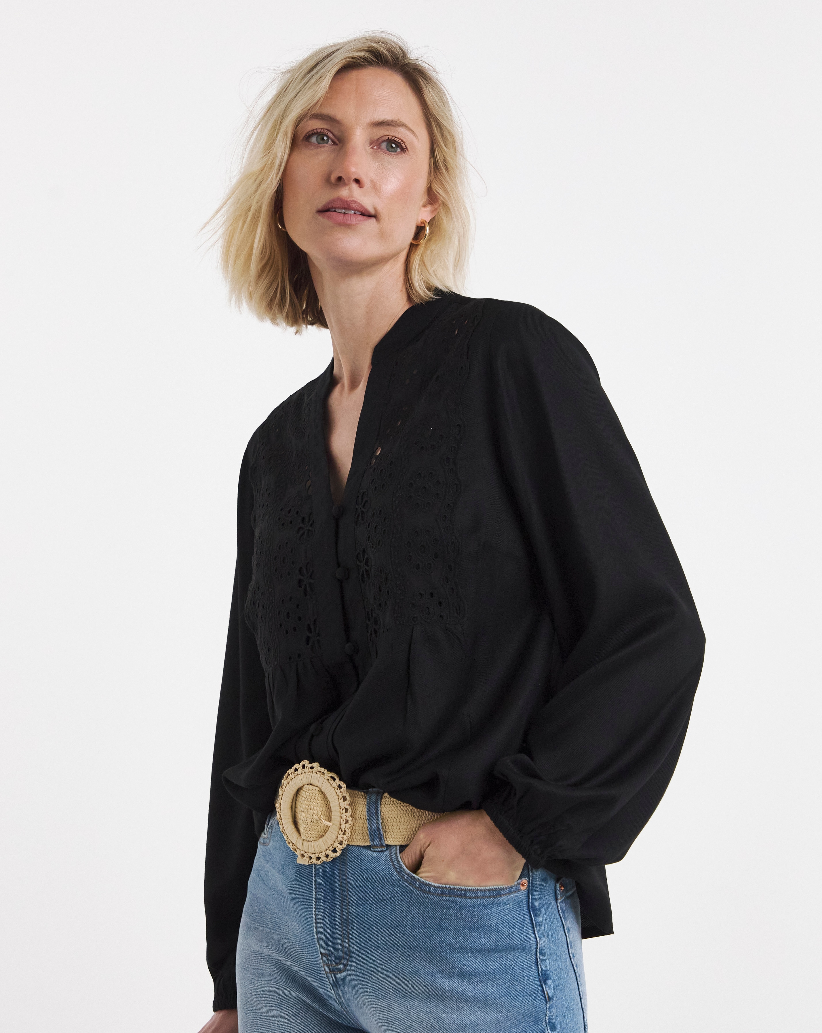 New In - Broderie Trim Long Sleeve Blouse