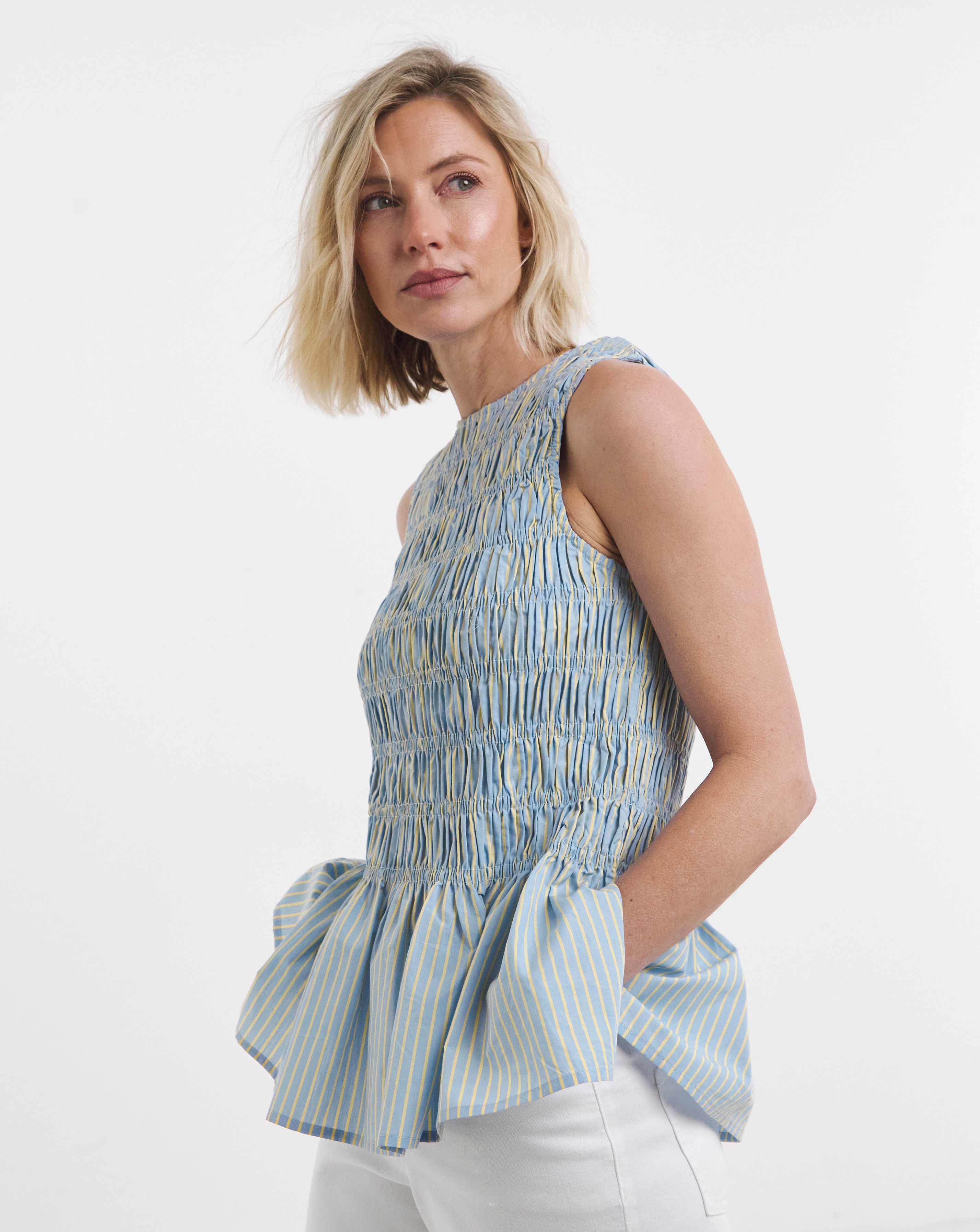 New In - Stripe Shirred Sleeveless Peplum Top