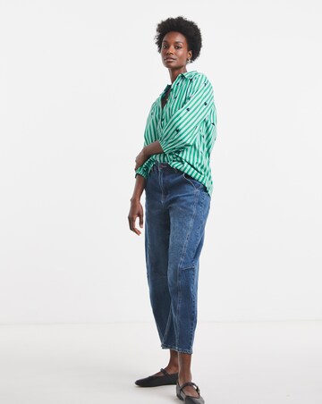 Green Stripe Poplin Popover Collared Blouse