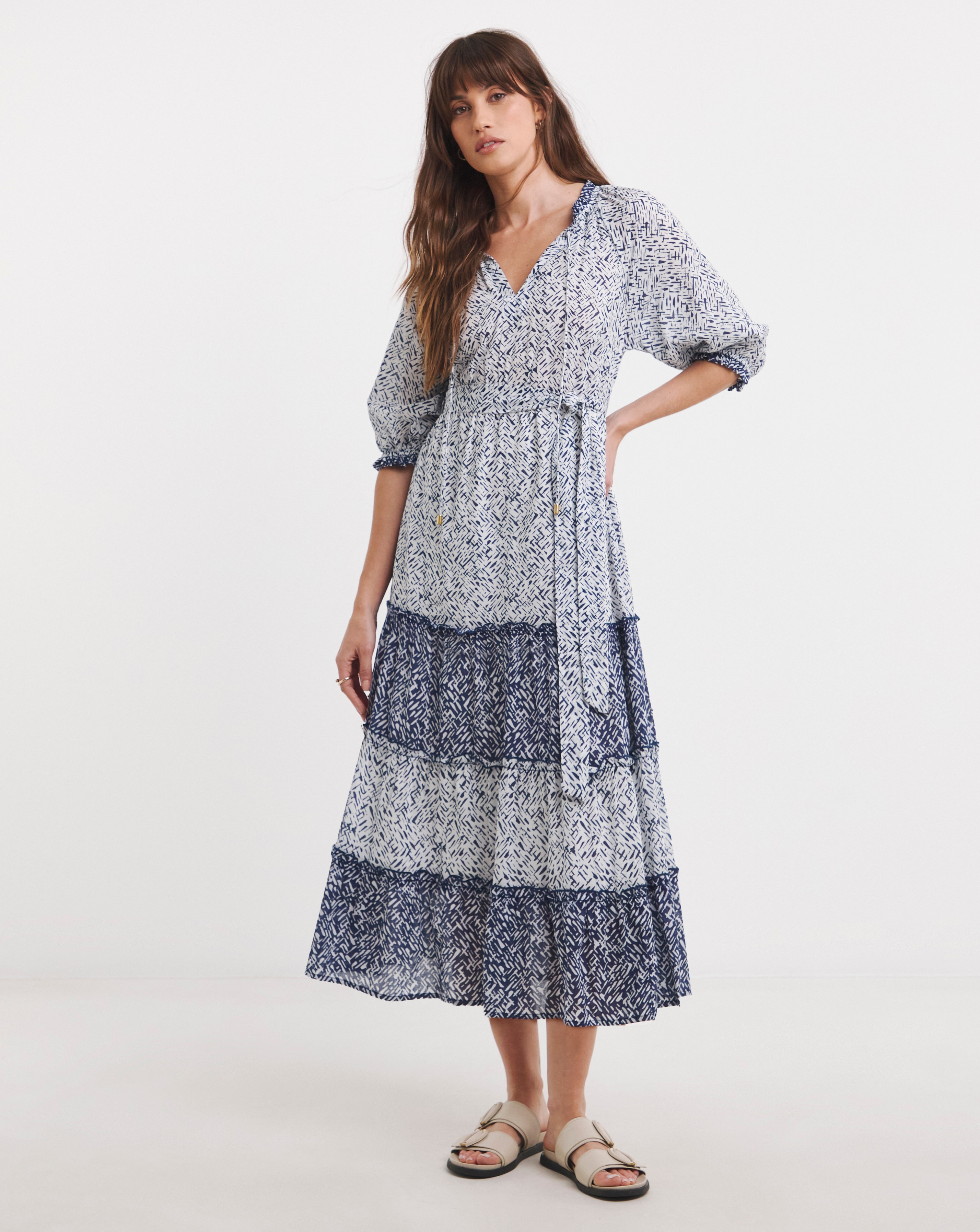 Mixed Print Tiered Hem Waisted Dress