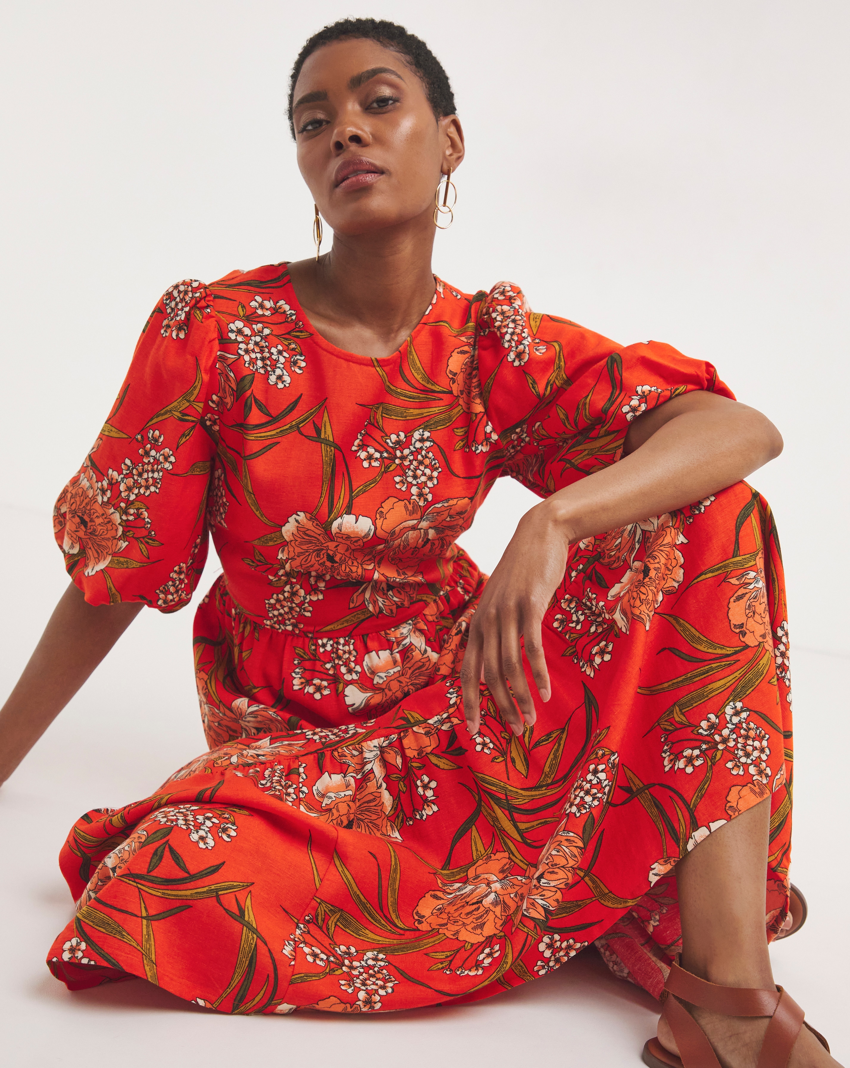 Linen Mix Smock Dress With Puff Sleeves