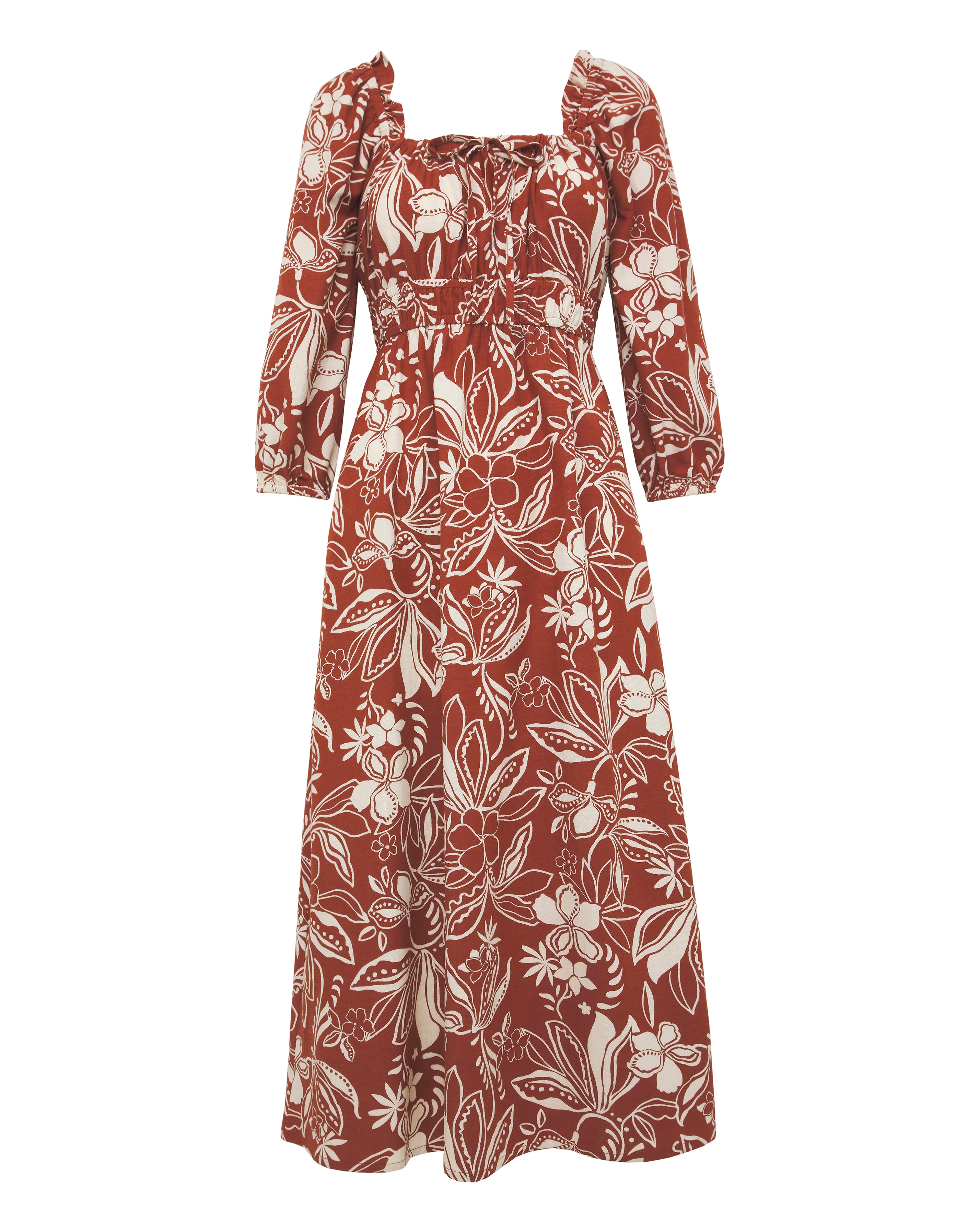 Linen Mix Sun Dress With Puff Sleeves