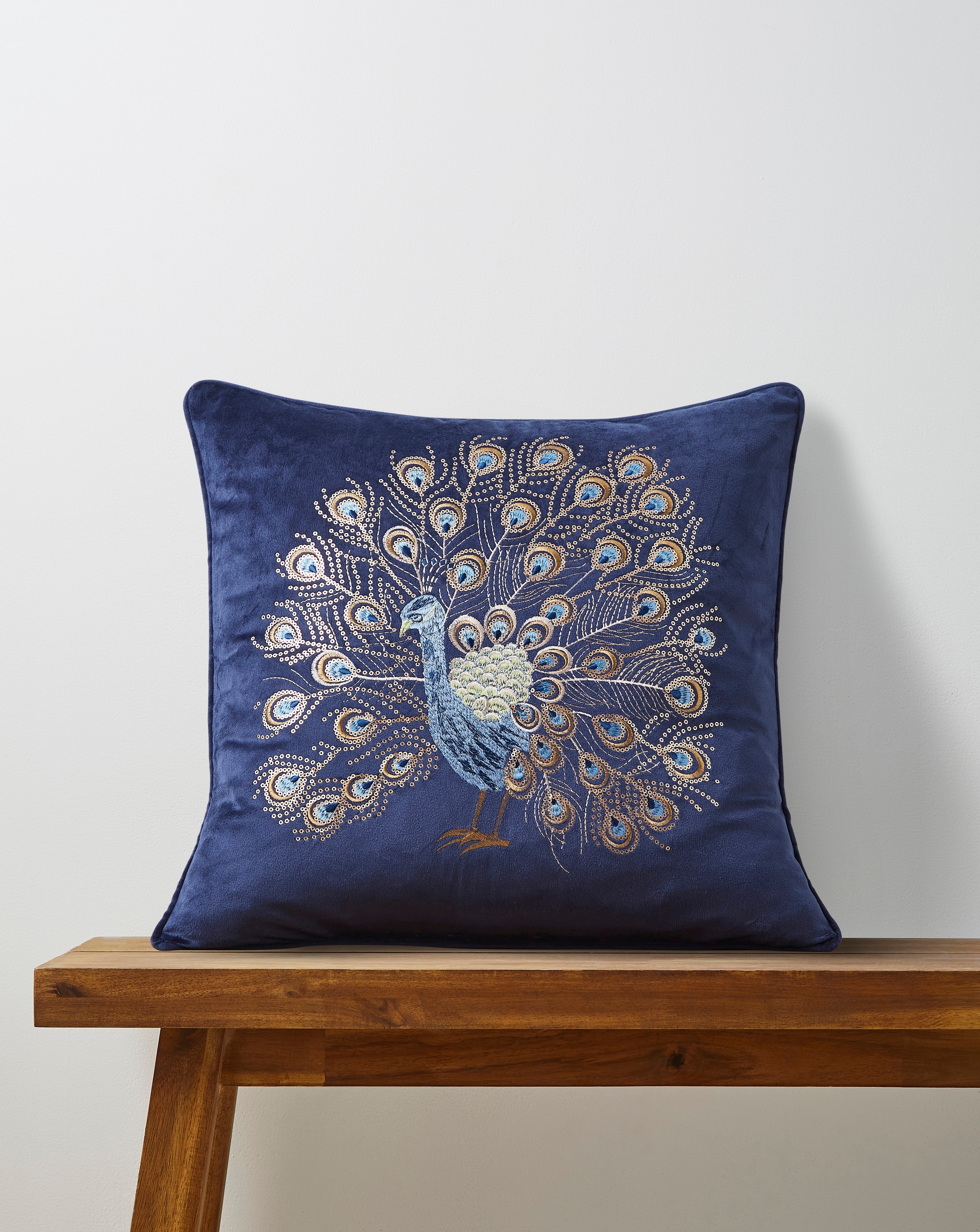 Embroidered Peacock Velvet Cushion