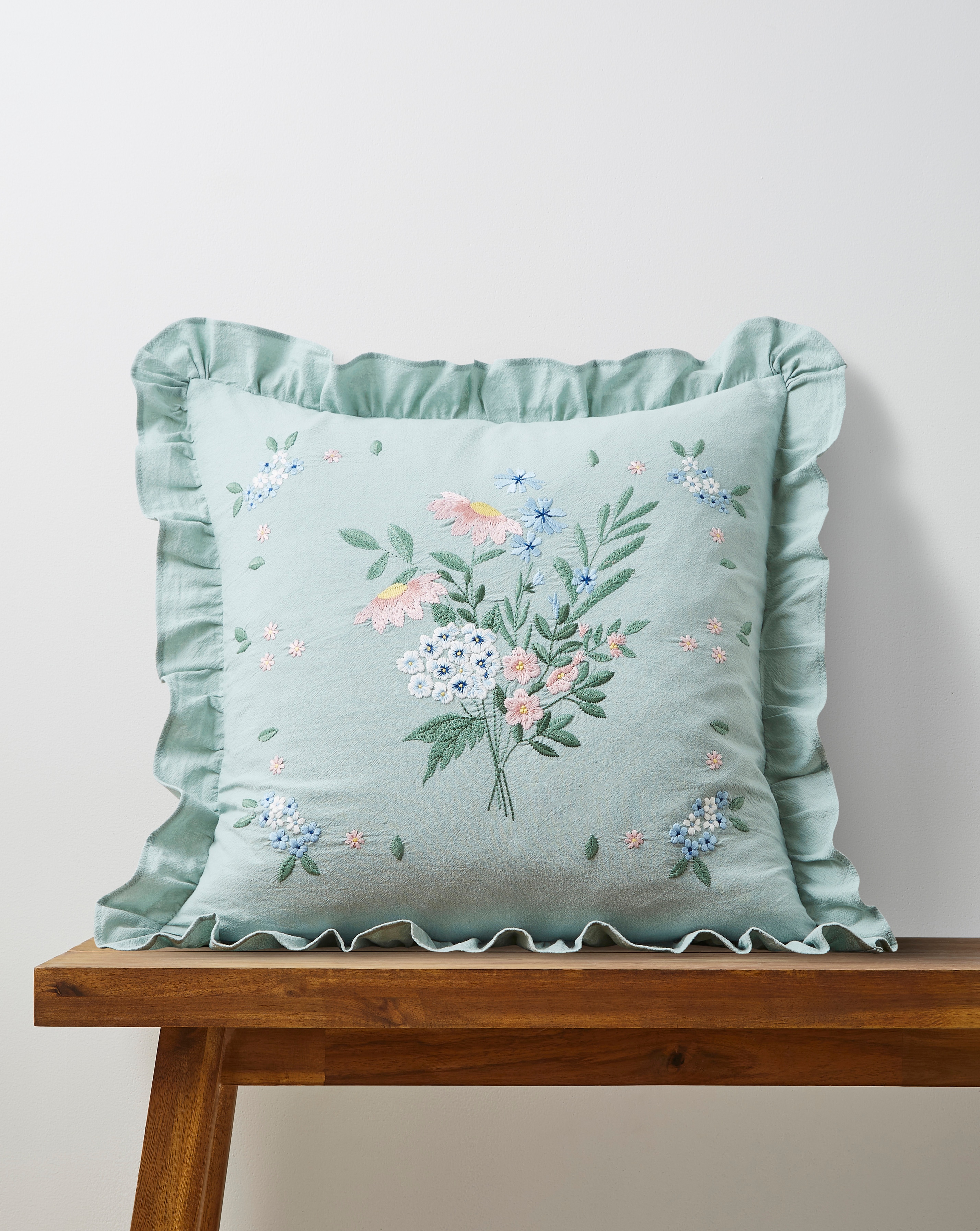Harper Embroidered Floral Ruffle Cushion