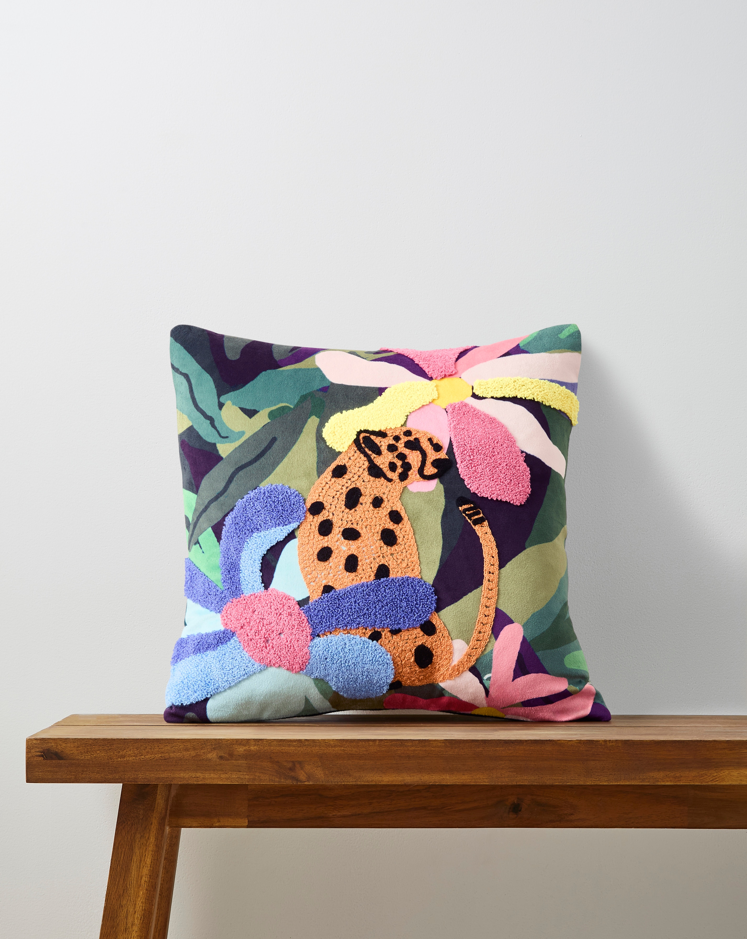New In - Tropical Leopard Embroidered Cushion