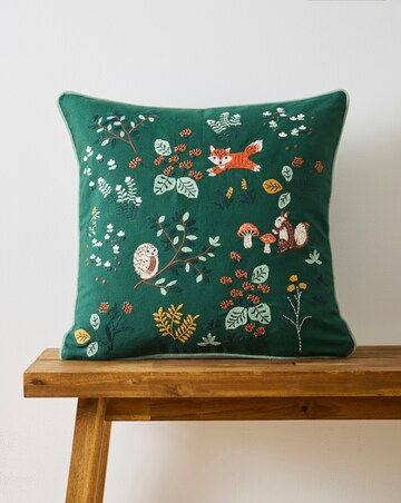 Forest Friends Embroidered Cushion - Forest Green