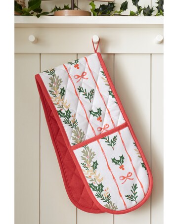 Catherine Lansfield Christmas Holly Stripe Cotton Kitchen Double Oven Glove
