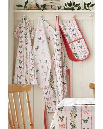 Catherine Lansfield Christmas Holly Stripe Cotton Kitchen Double Oven Glove