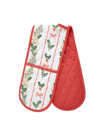 Catherine Lansfield Christmas Holly Stripe Cotton Kitchen Double Oven Glove