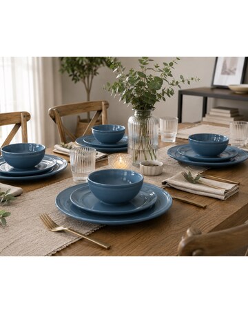 12pc Teal Ring Stoneware Lipped Dinner