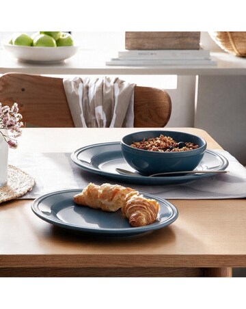 12pc Teal Ring Stoneware Lipped Dinner