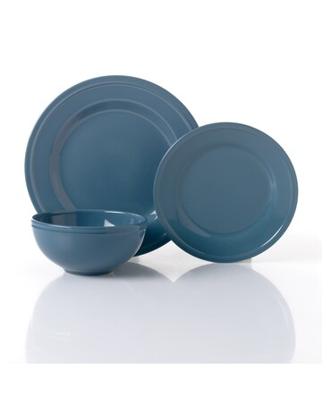 12pc Teal Ring Stoneware Lipped Dinner