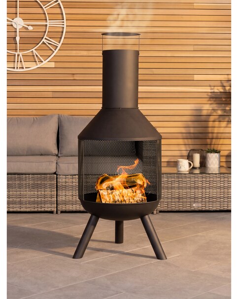 Charles Bentley Round Black Powder Coated Steel Modern Patio Heater Chimenea