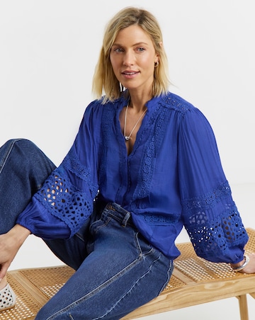 Lace Trim Button Through Prairie Blouse