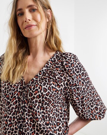 Animal Print Collarless Button Through Blouse