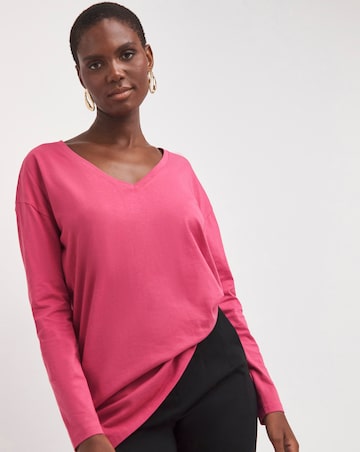 Pure Cotton Rose Long Sleeve V-Neck Slouch Longline Top