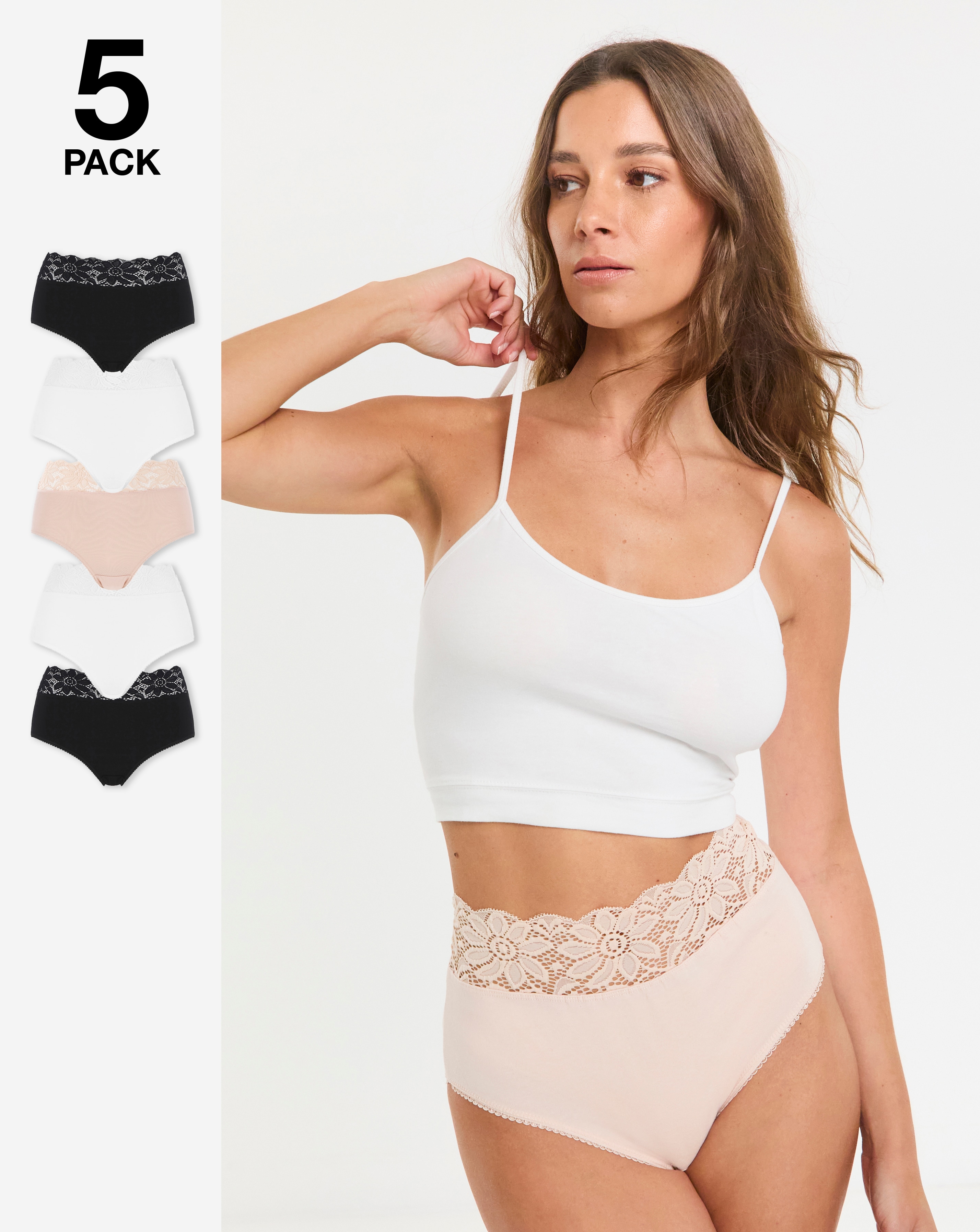 5 Pack Neutral Lace Top Full Fit Briefs