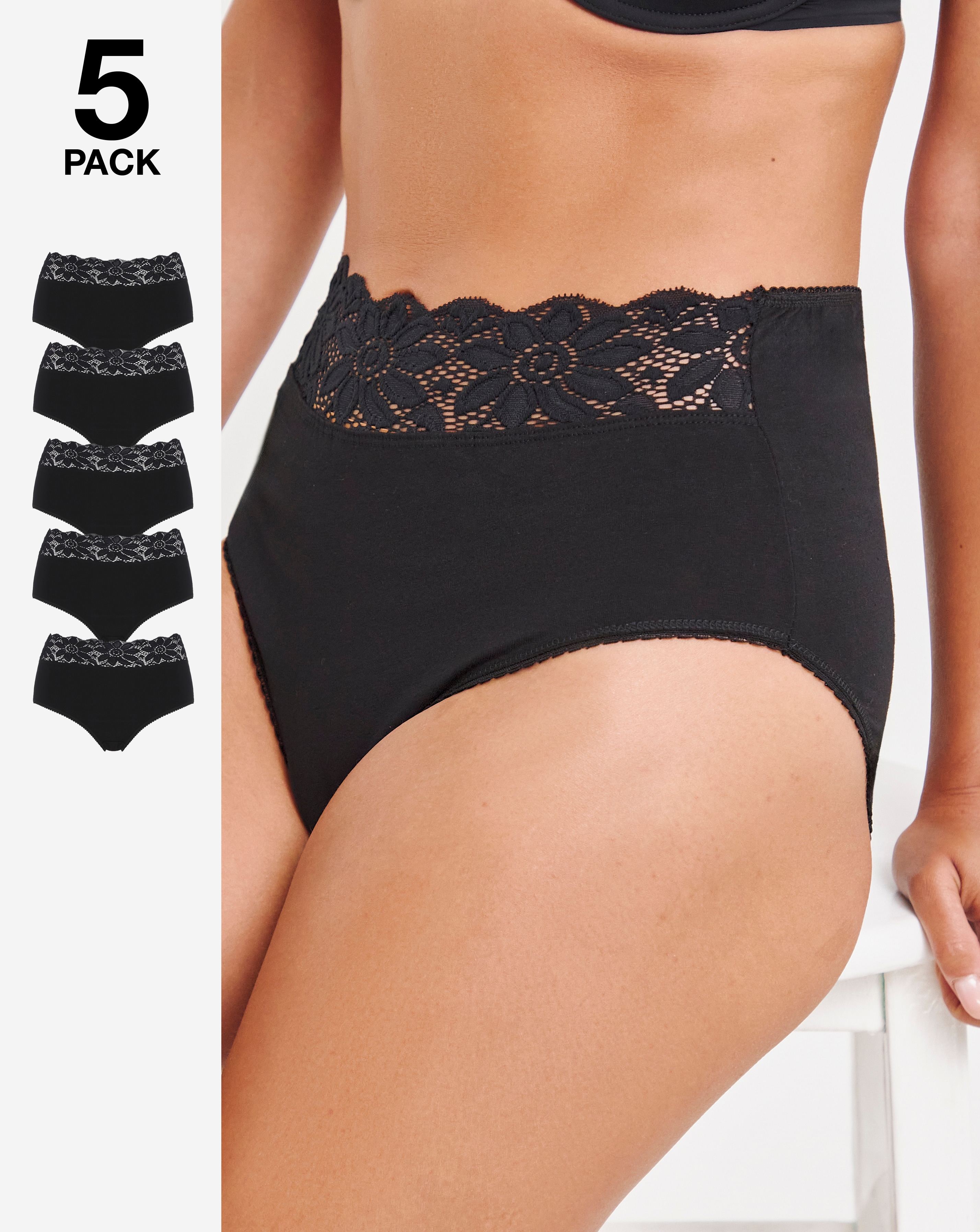 5 Pack Black Lace Top Full Knickers