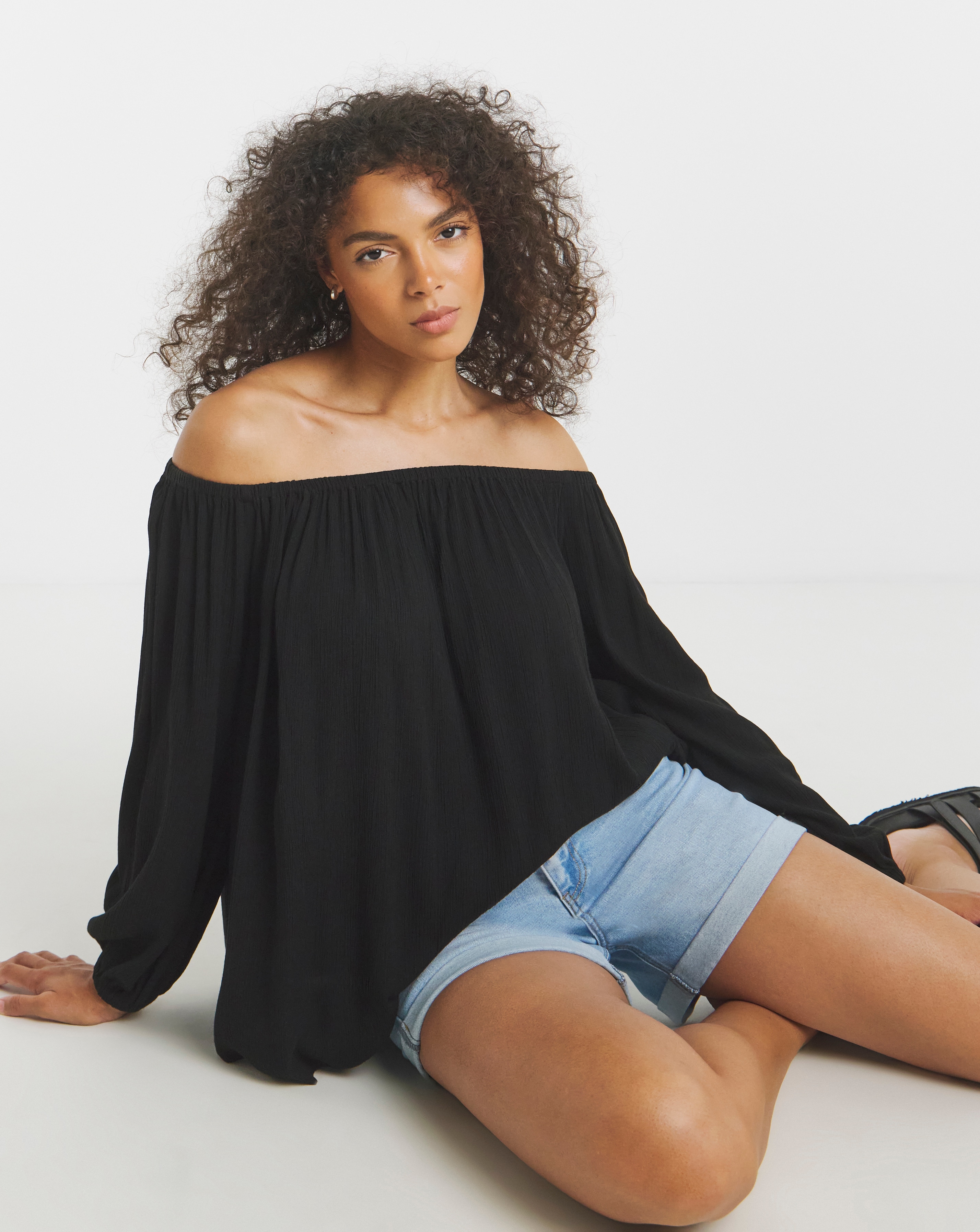 Black Crinkle Long Sleeve Bardot Top
