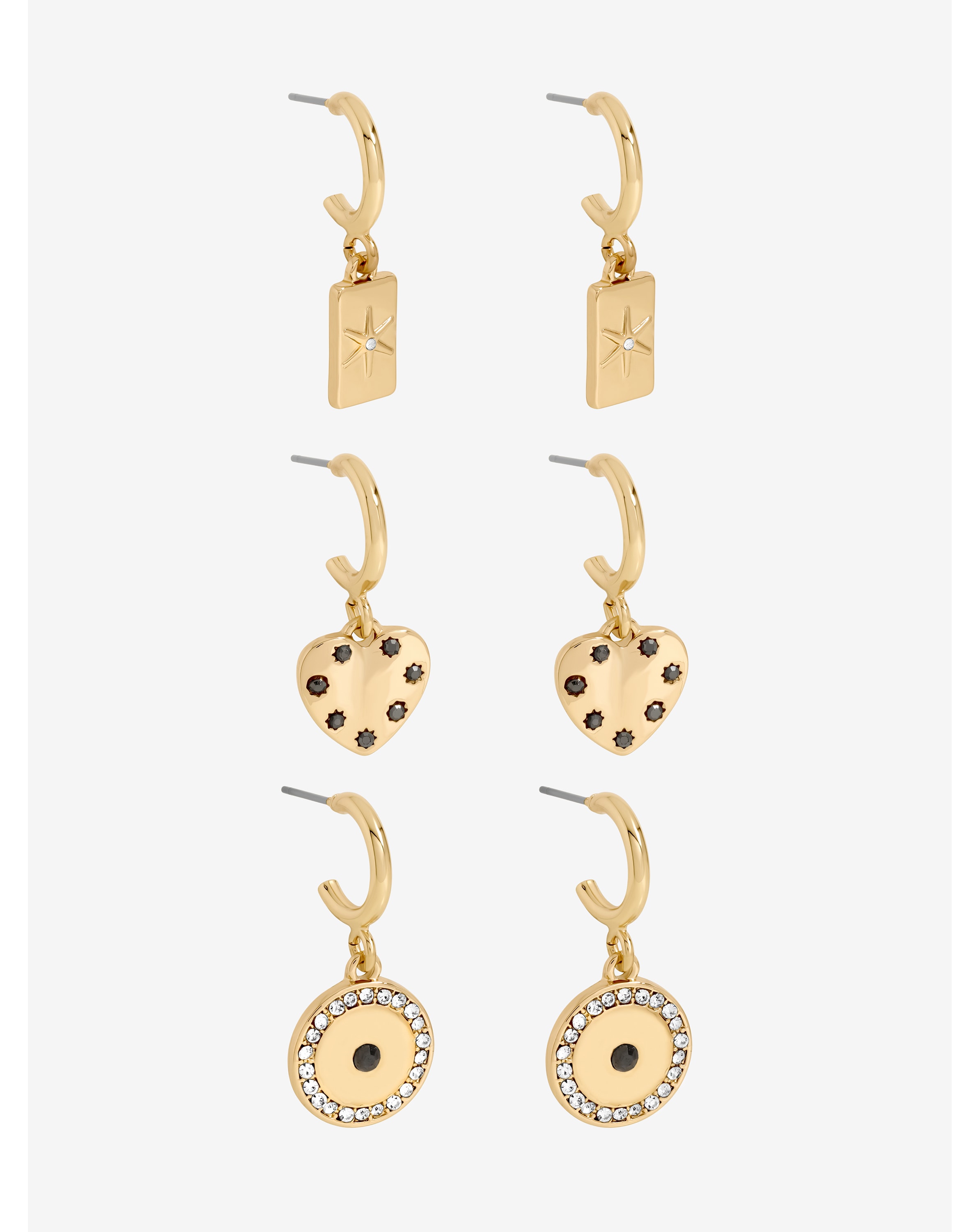 Gold Heart Charm Earrings - Pack of 3