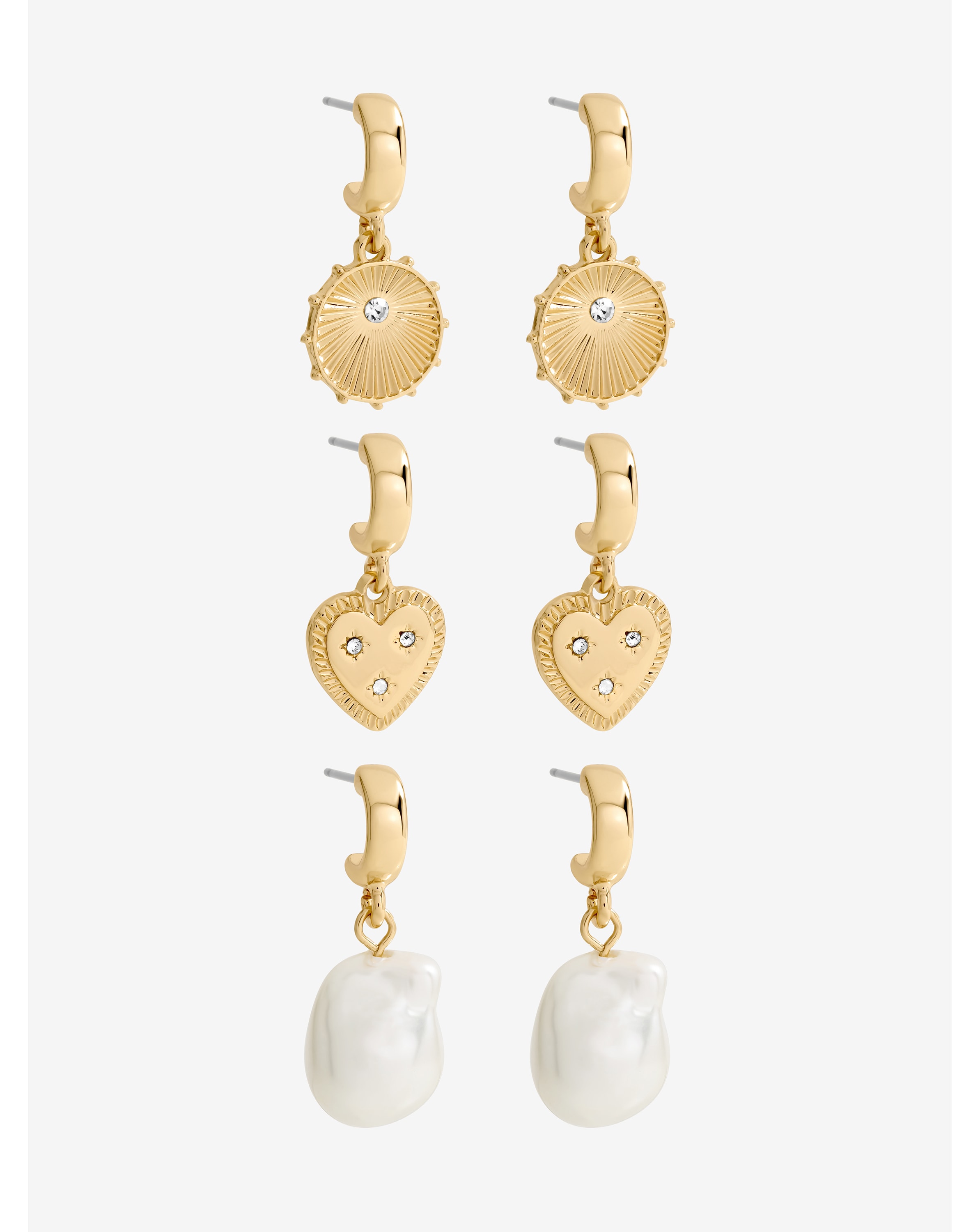 Gold Charm Pearl Earrings - Pack of 3
