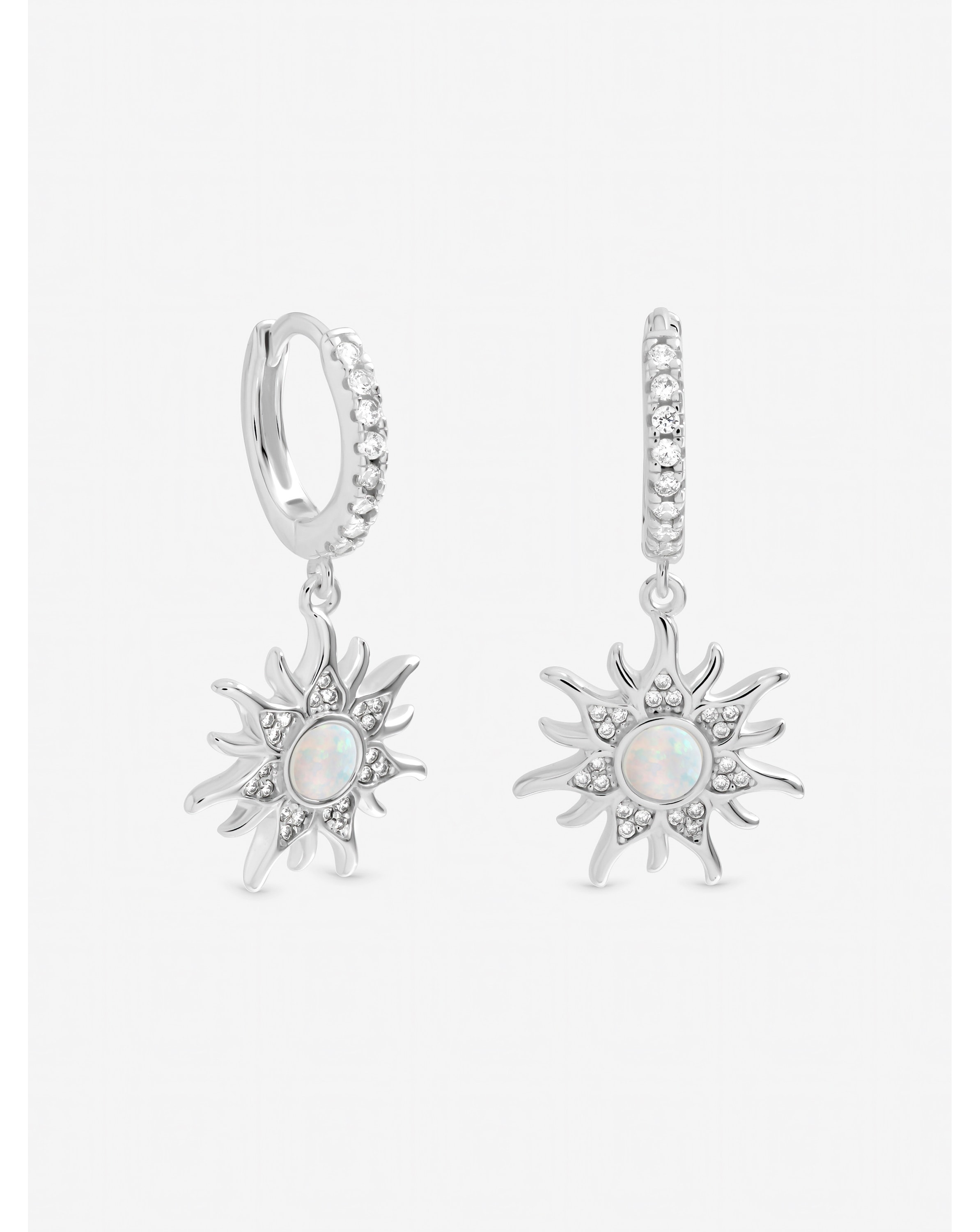 Silver Opal Sunburst Charm Hoops