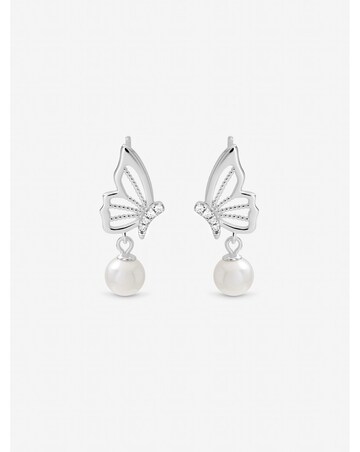 Inicio Sterling Silver Plated Polished Butterfly Pearl Drop Earrings