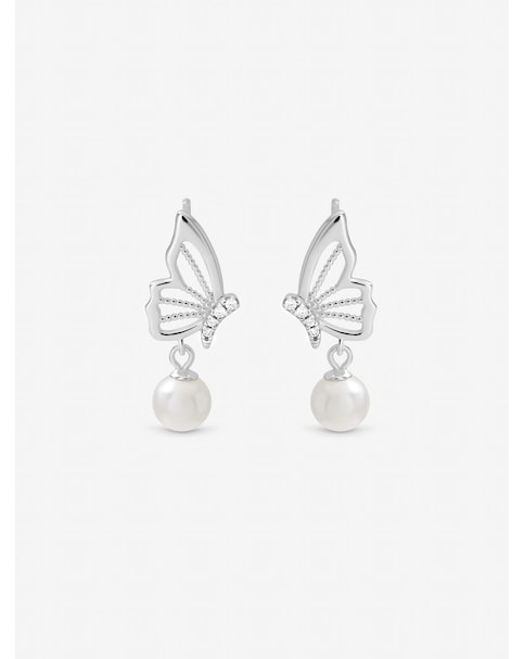 Inicio Sterling Silver Plated Polished Butterfly Pearl Drop Earrings