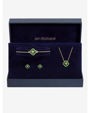 Jon Richard Gold Plated and Malachite Clover Trio Set - Gift Box