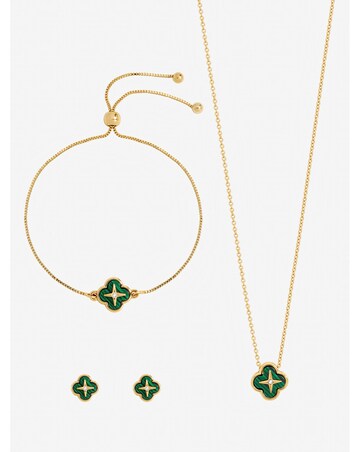 Jon Richard Gold Plated and Malachite Clover Trio Set - Gift Box