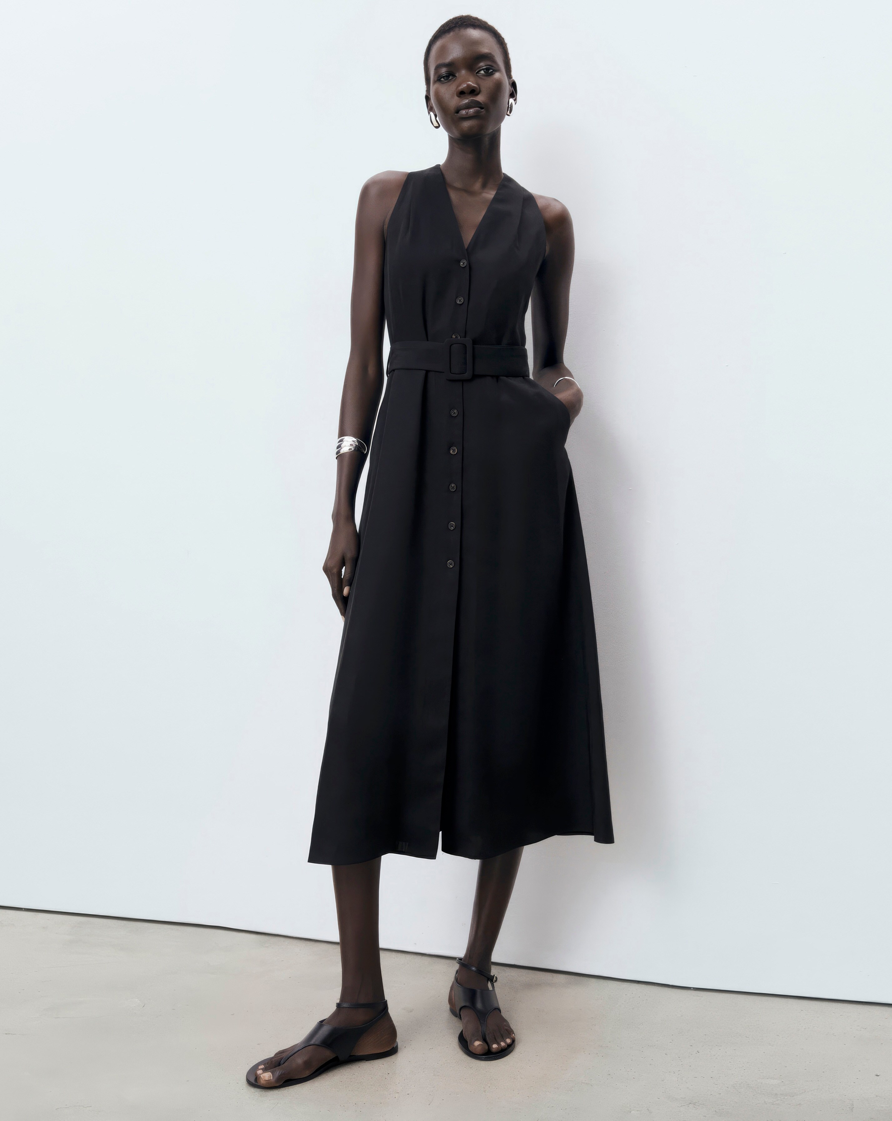 MANGO COLLARED BELTED MIDI DRESS