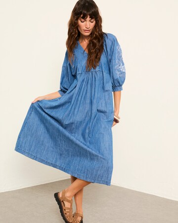 FatFace Jess Denim Embroidery Midi Dress
