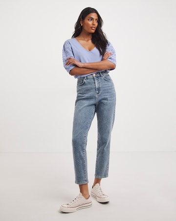Soft Blue Broderie Sleeve Detail V-Neck Cotton Top